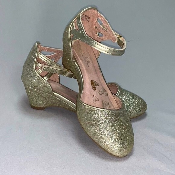 Gold Glitter Dress Shoes Girl’s 12 Valentine’s Day Demi Heel Party Dance Formal - Picture 1 of 6